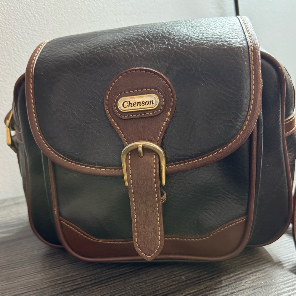 Leather Crossbody Bag Chenson Dark Black with Brown Trim .